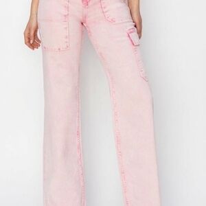 High-Rise Pink Wide-Leg Jeans with Utility Pockets